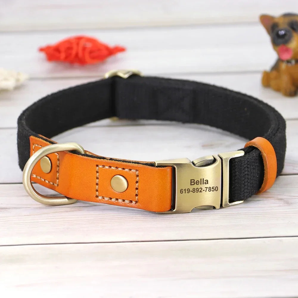 Nylon Dog Collar Leash Set With Personalized Genuine Leather Nameplate ID Tag