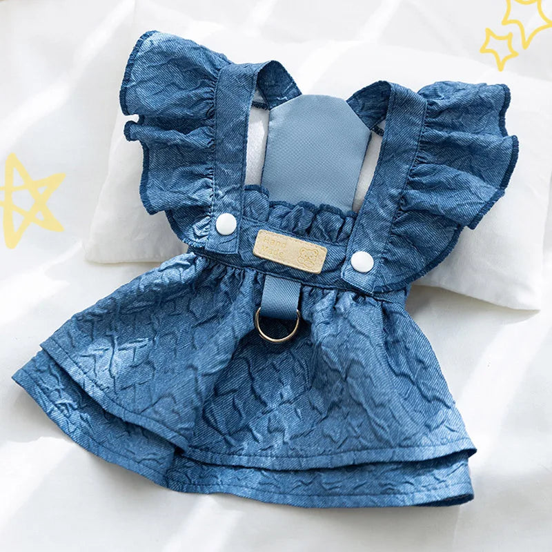 Hoopreety Denim Dog Dress For Small Dogs With Leash Ring