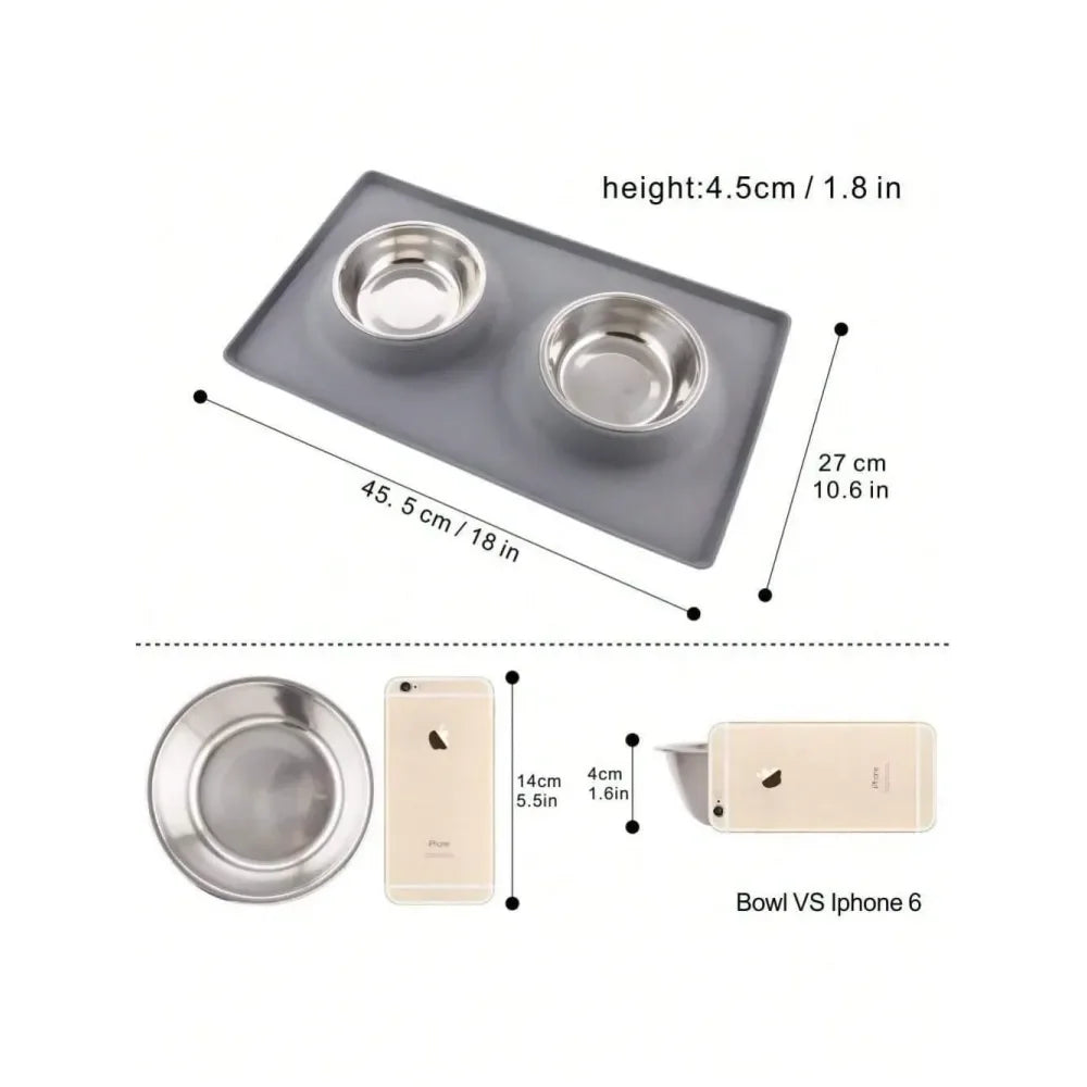 No Spill Dual Pet Feeder Bowls With Silicone Mat Set