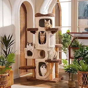 MKDK Natural Wood Cat Tree Multi Level Scratching Post