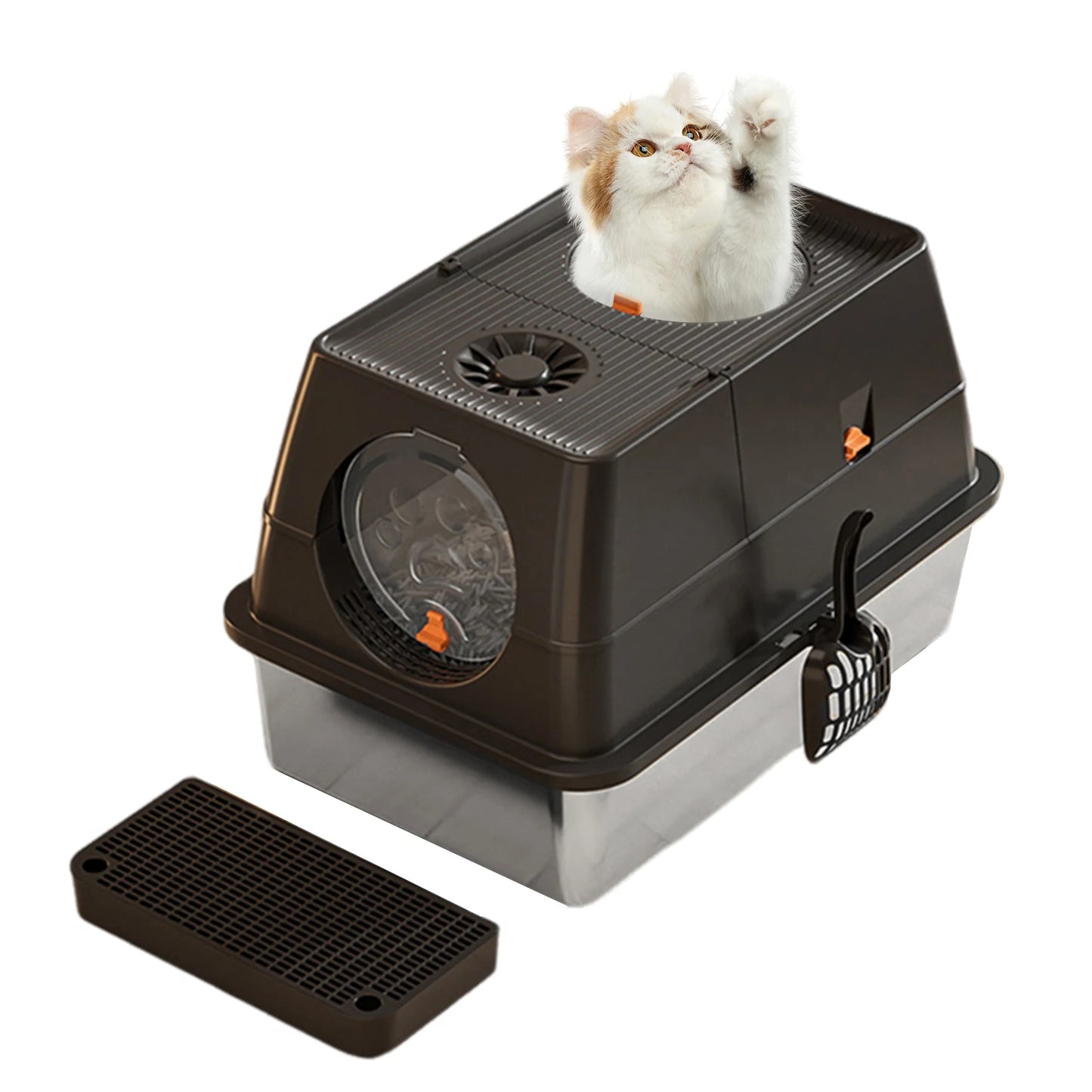 Feature Stainless Steel Cat Litter Box With High Sided Enclosure And Lid Front And Top Door