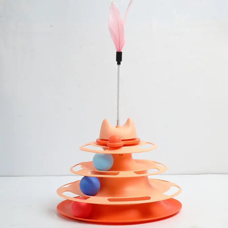 Interactive Cat Toy Tower Kitten Turntable Track Roller Balls Feather