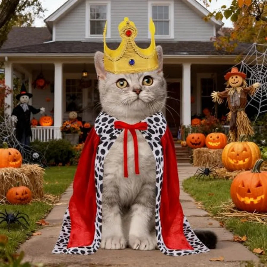 Cat King Costume With Velvet Cloak And Golden Crown Set