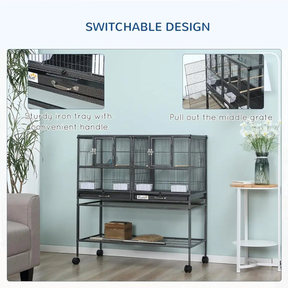 Divided Breeder Bird Cage With Rolling Stand And Removable Metal Tray
