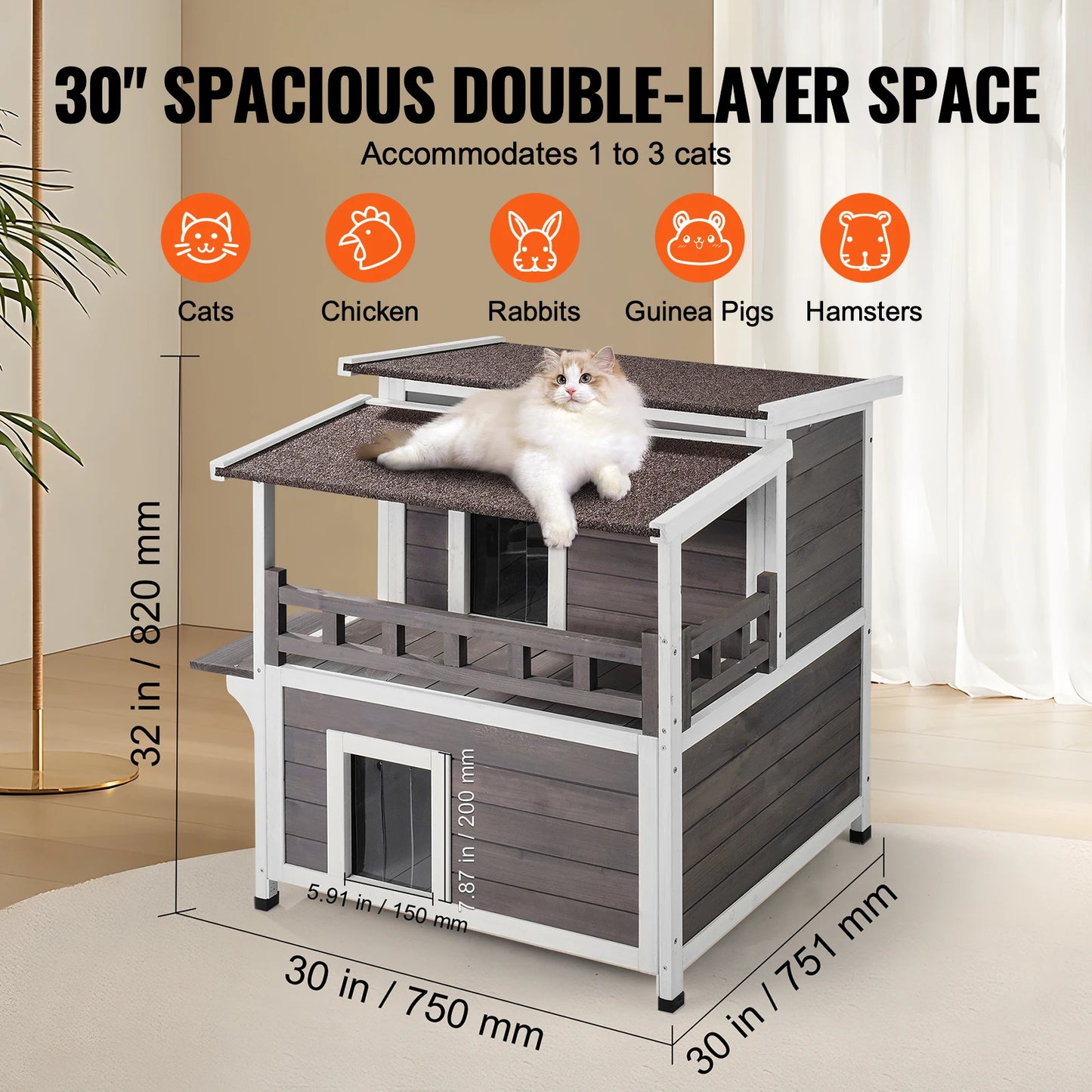 Outdoor Cedar Cat House Weatherproof Shelter With Balcony Roof