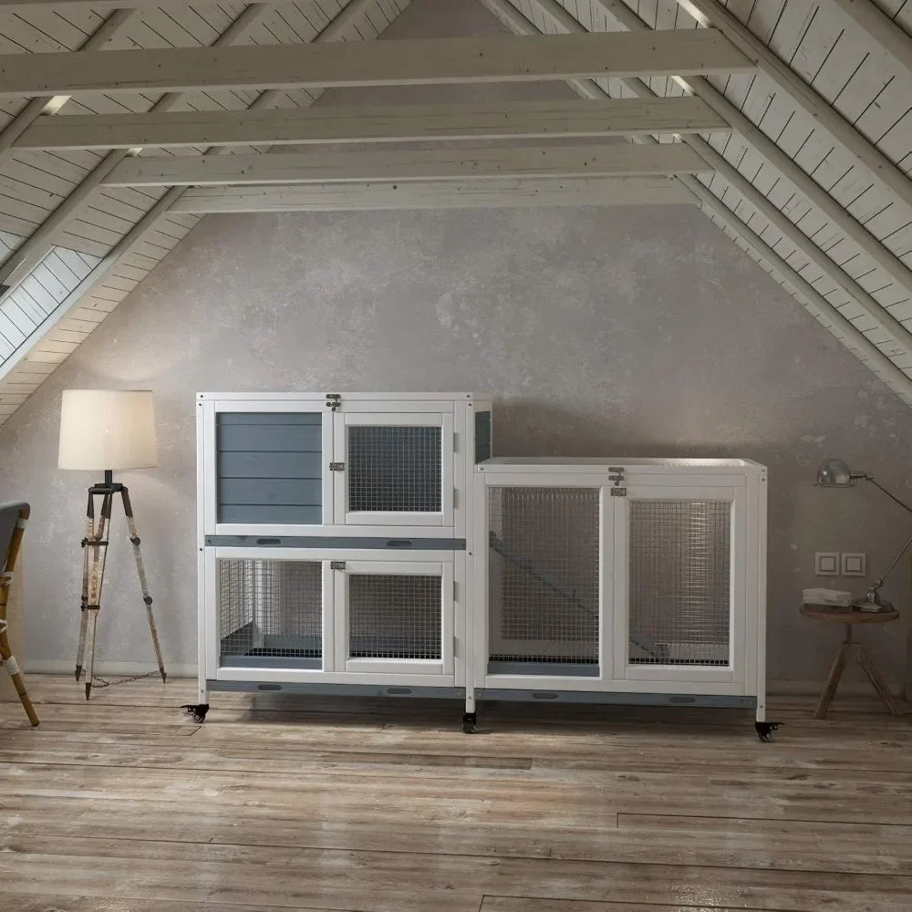 High-Concerned Wooden Indoor Bunny Hutch On Wheels For Small Animals