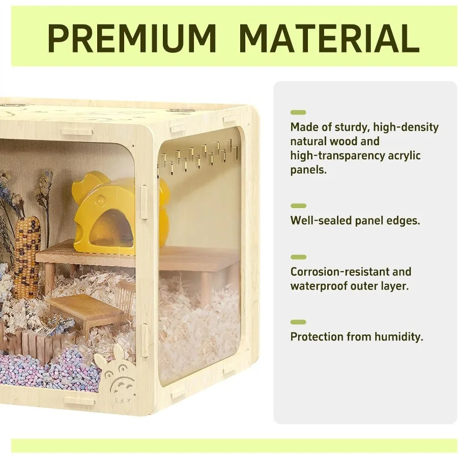Wooden Hamster Cage Large Habitat Open Top Transparent Acrylic