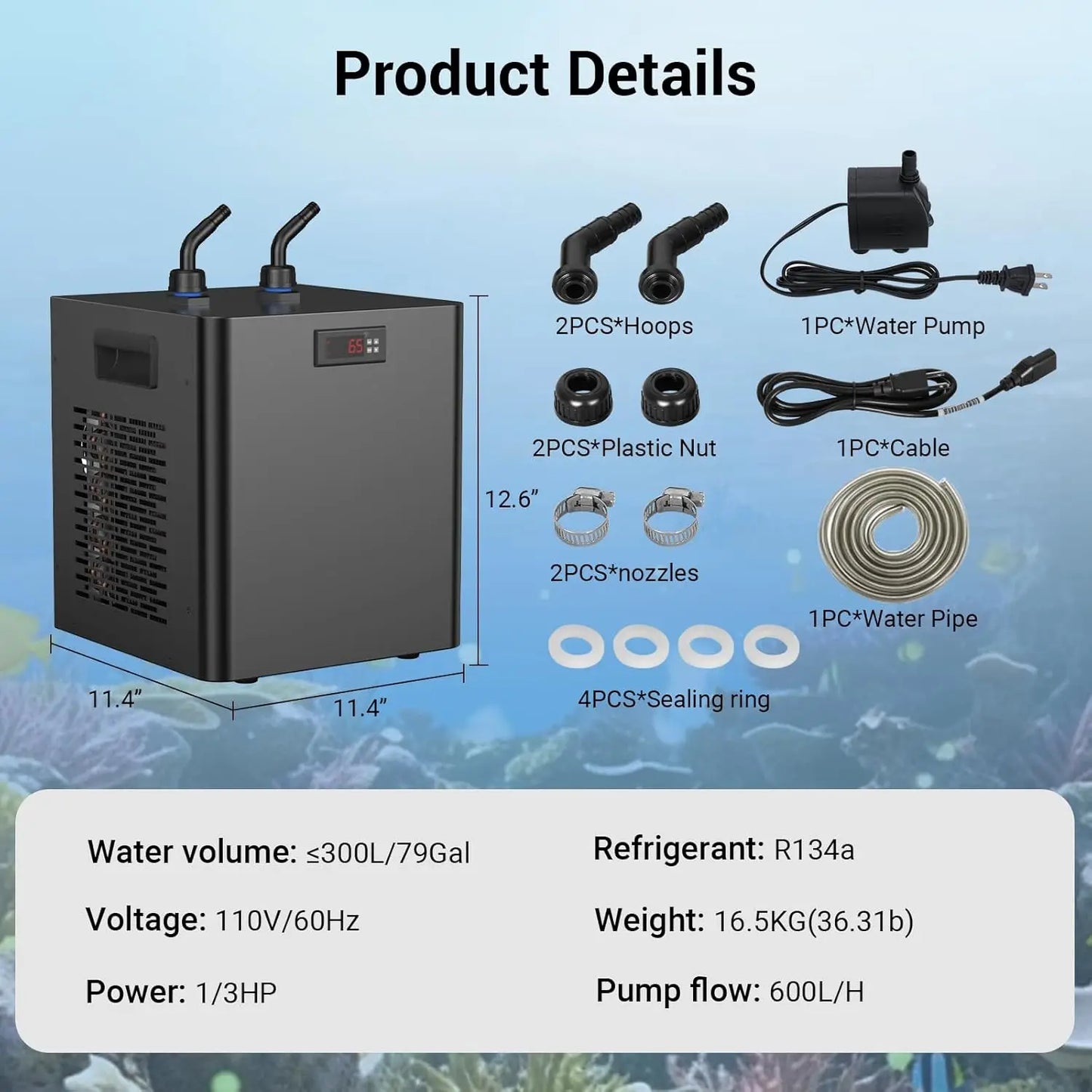 Aquarium Chiller 1/3 HP Quiet Water Cooler For Hydroponics AL300L