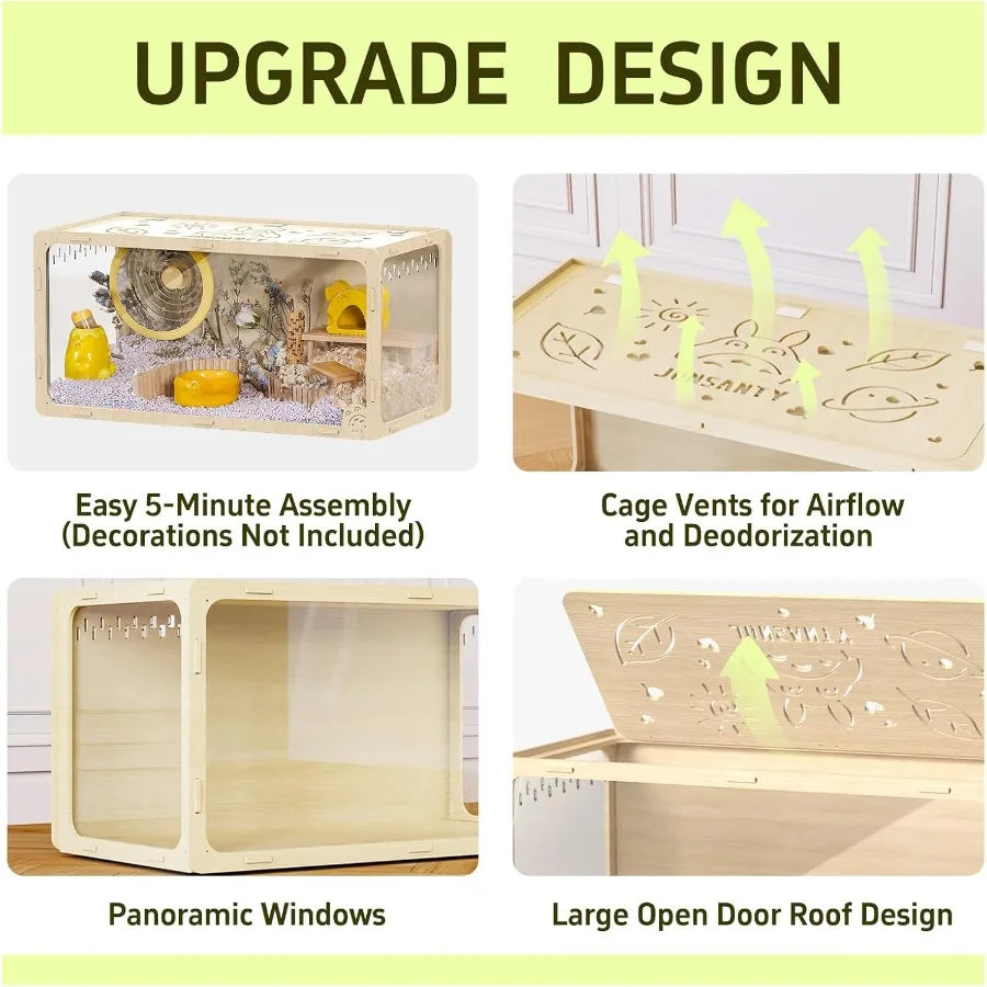 Wooden Hamster Cage Large Habitat Open Top Transparent Acrylic