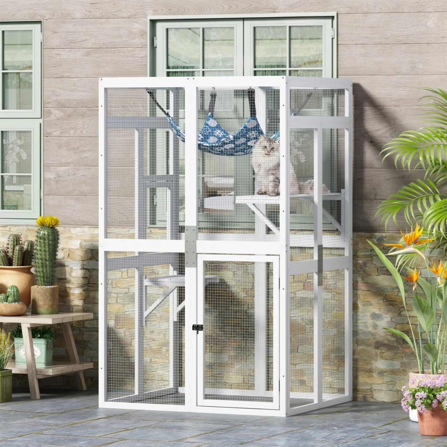 Outdoor Catio Cat Enclosure Wooden Cat House With Window Access