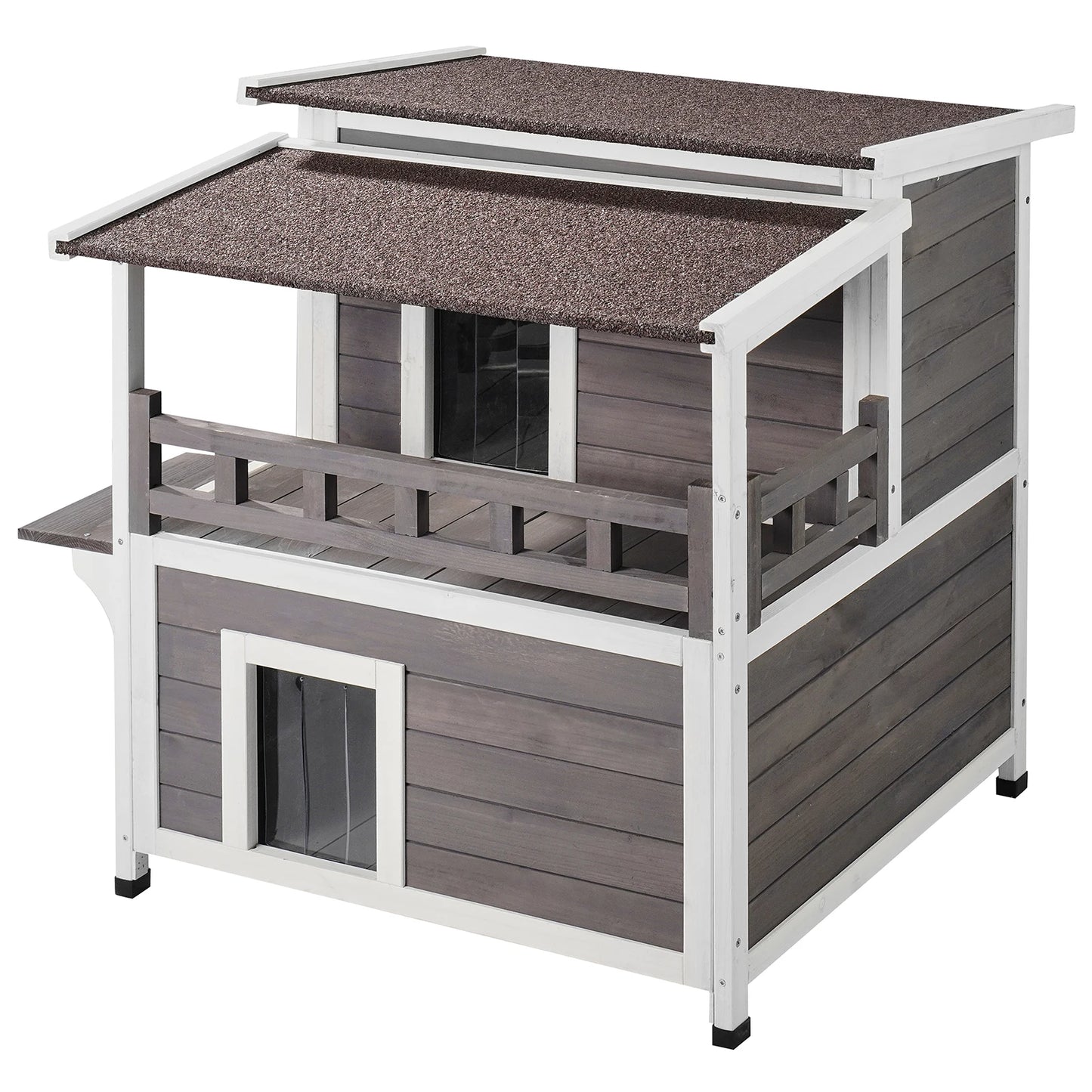Outdoor Cedar Cat House Weatherproof Shelter With Balcony Roof