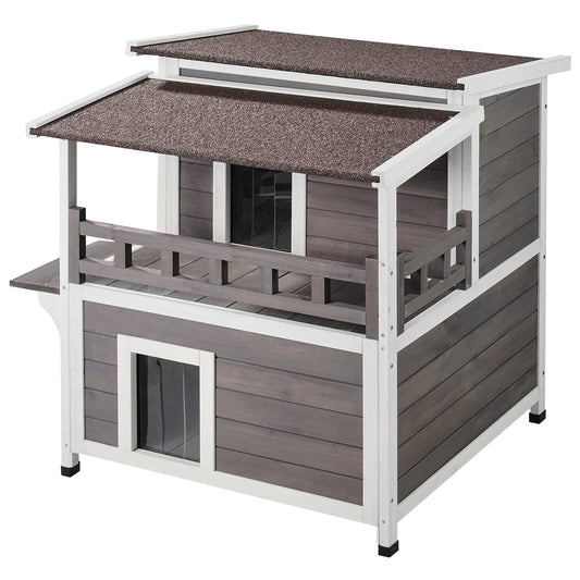 Outdoor Cedar Cat House Weatherproof Shelter With Balcony Roof