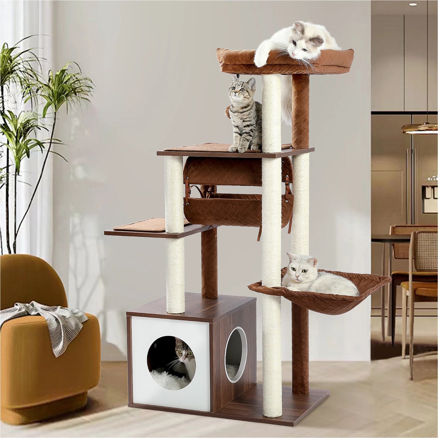 PAWZ Road Multi-Level Wood Cat Tree With Tunnel Scratching Post