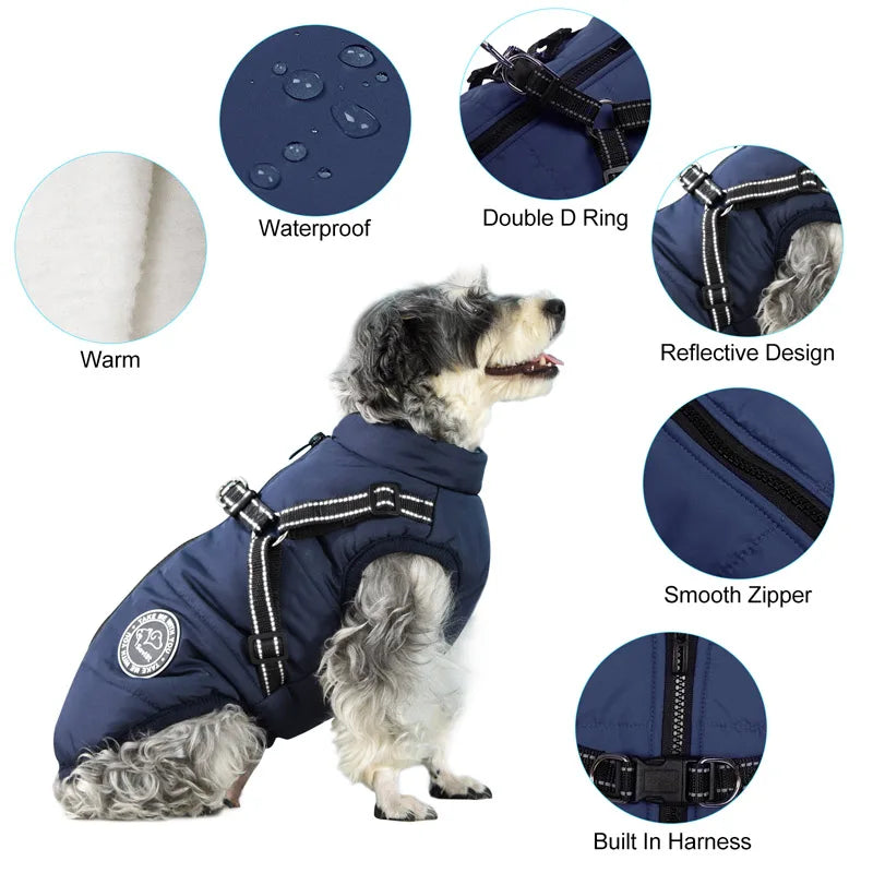 Winter Warm Dog Jacket Waterproof Coat With Harness For Pets