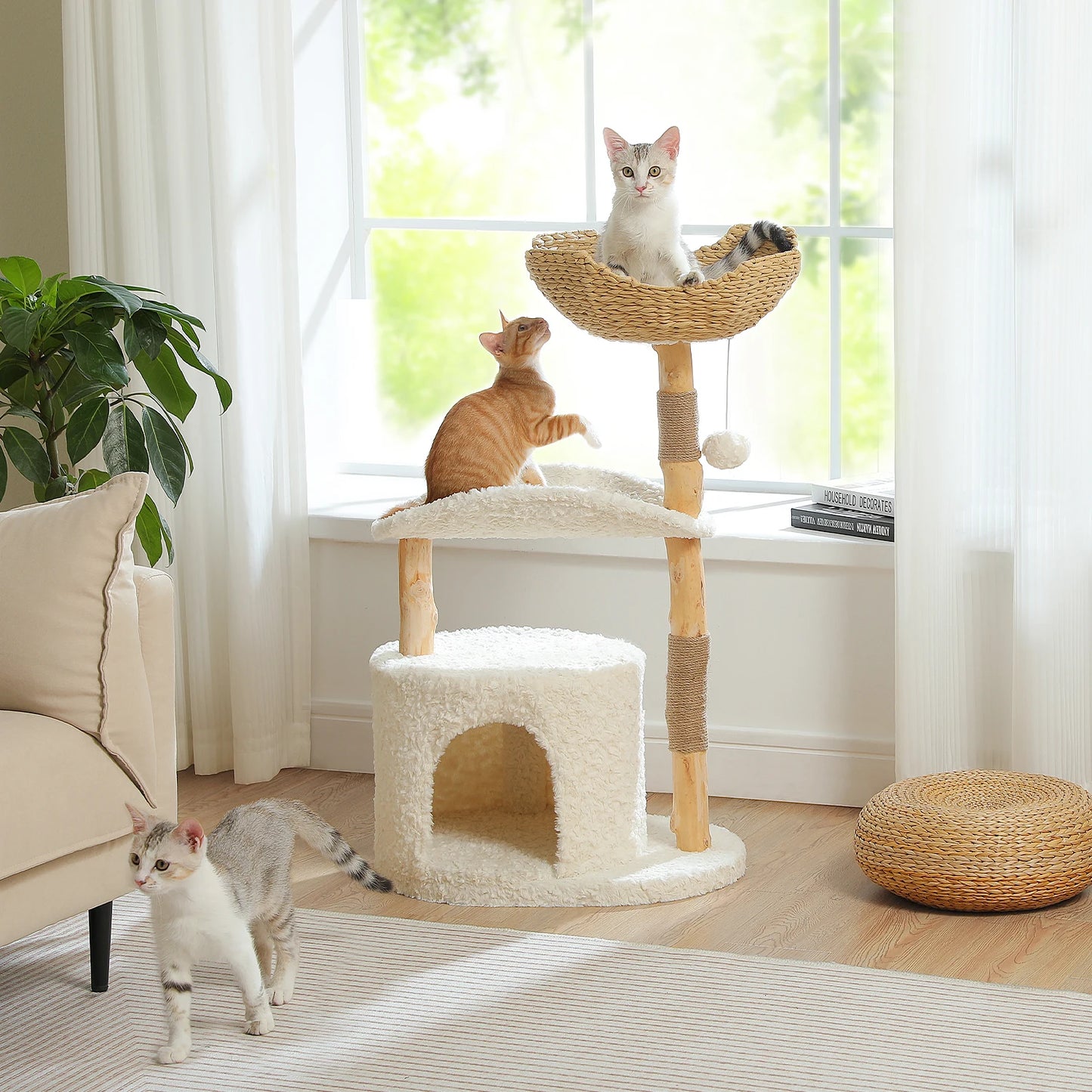 PAWZ Road Modern Cat Tree Tower With Natural Solid Wood Scratching Posts And Basket