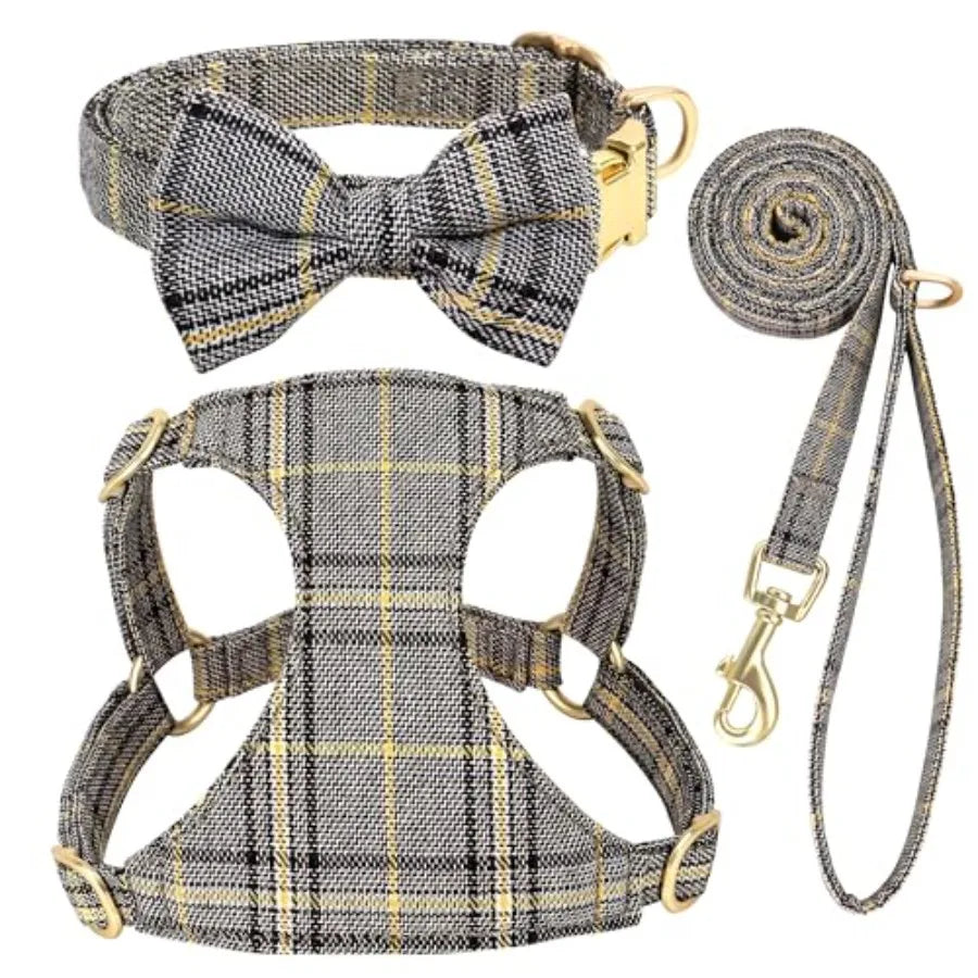 Dog Harness Collar And Leash Set With Bowtie For Pets