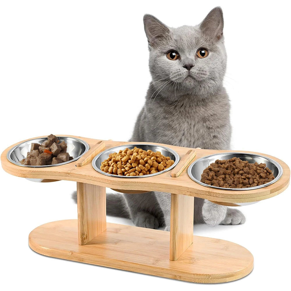 PETRAVEL Tilted Raised Cat Bowl With Stainless Steel Triple Bowls