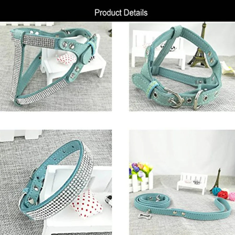 Dog Collar Harness And Lead Set Diamante With Leashes