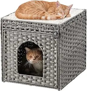 Handwoven Rattan Double Cat Cave Bed with Soft Cushions