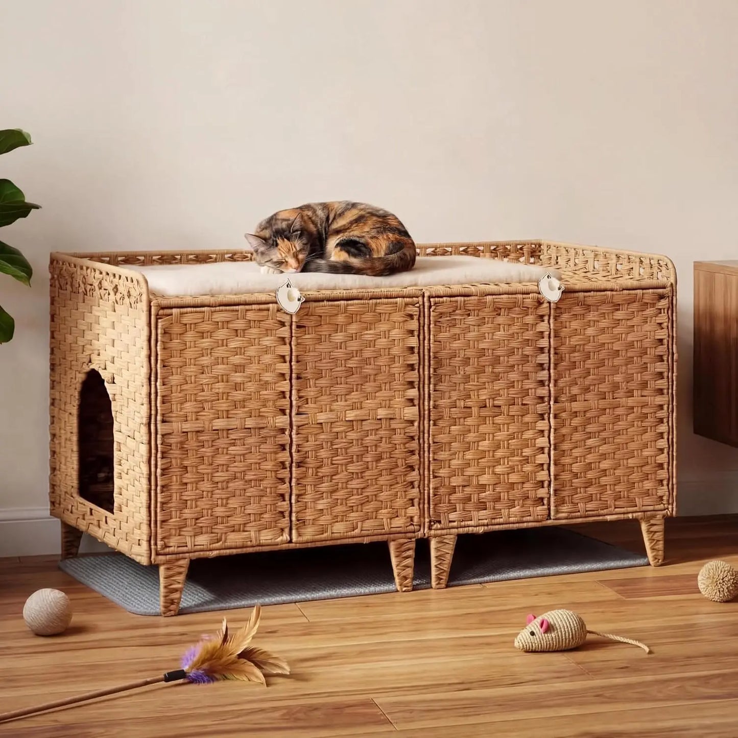 HiMISS Hidden Cat Litter Box Enclosure Handwoven Rattan Furniture
