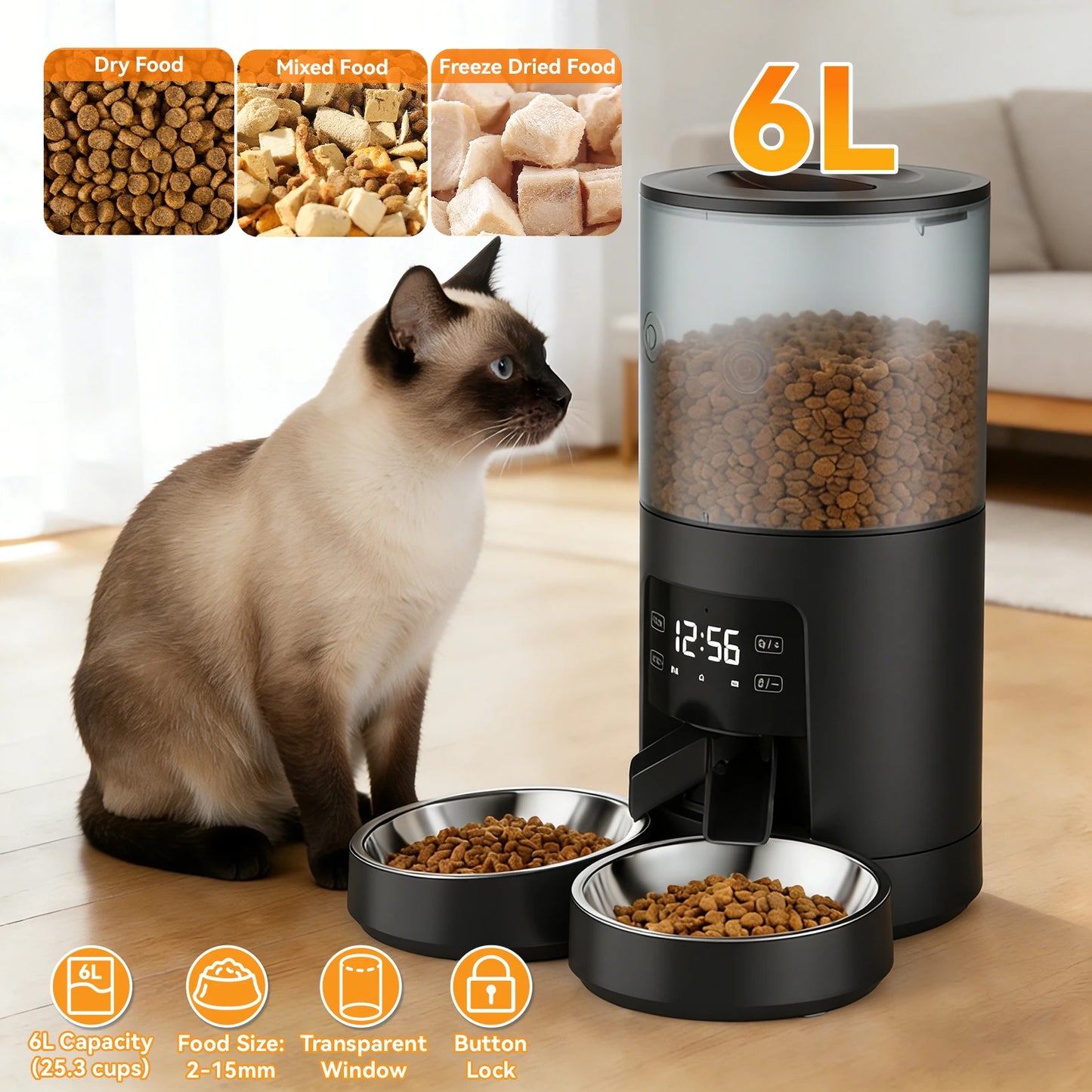 Automatic Cat Feeder Dual Power Supply With 2 Stainless Bowls