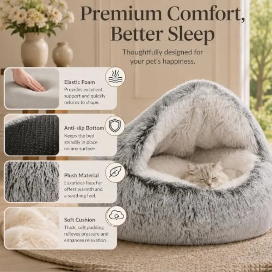 Round Plush Hooded Cat Bed Cave Cozy Suede Indoor Pet