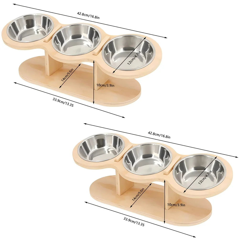 Cat Raised Feeder With Tilted Wood Stand Three Bowls