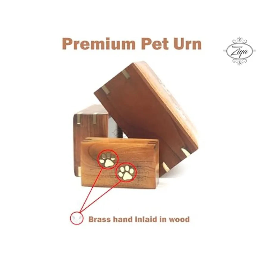 Wooden Cremation Pet Urn Brass Paws Inlaid Memorial Box