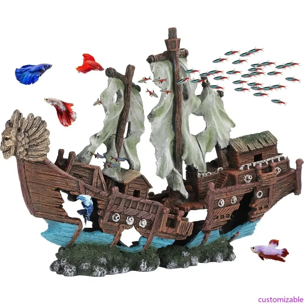 Customizable Shipwreck Aquarium Ornament With Sail Decoration For Tanks