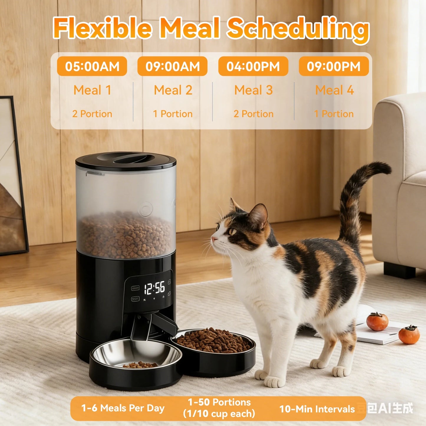 Automatic Cat Feeder Dual Power Supply With 2 Stainless Bowls