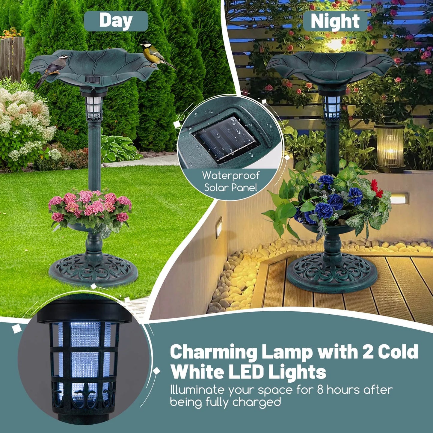 Solar Bird Bath Pedestal With Lotus Leaf Bowl And Feeder