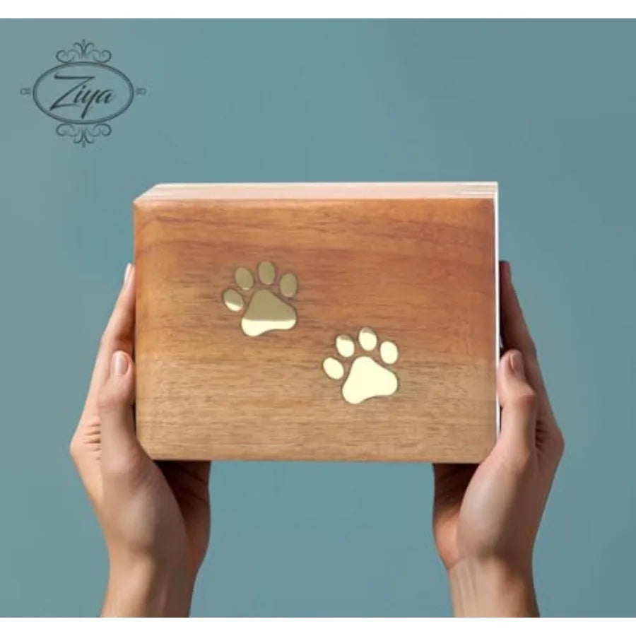 Wooden Cremation Pet Urn Brass Paws Inlaid Memorial Box