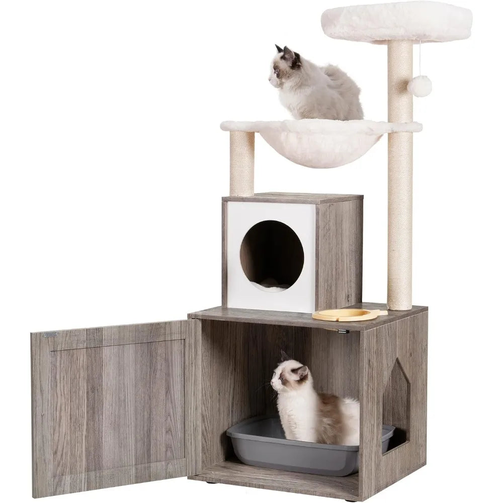 XMSJ All-In-One Cat Tree With Litter Box Enclosure And Food Station