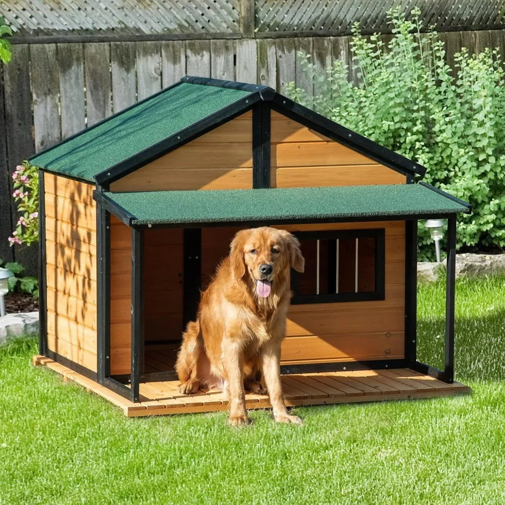 Cabin Style Raised Wooden Outdoor Dog House With Porch