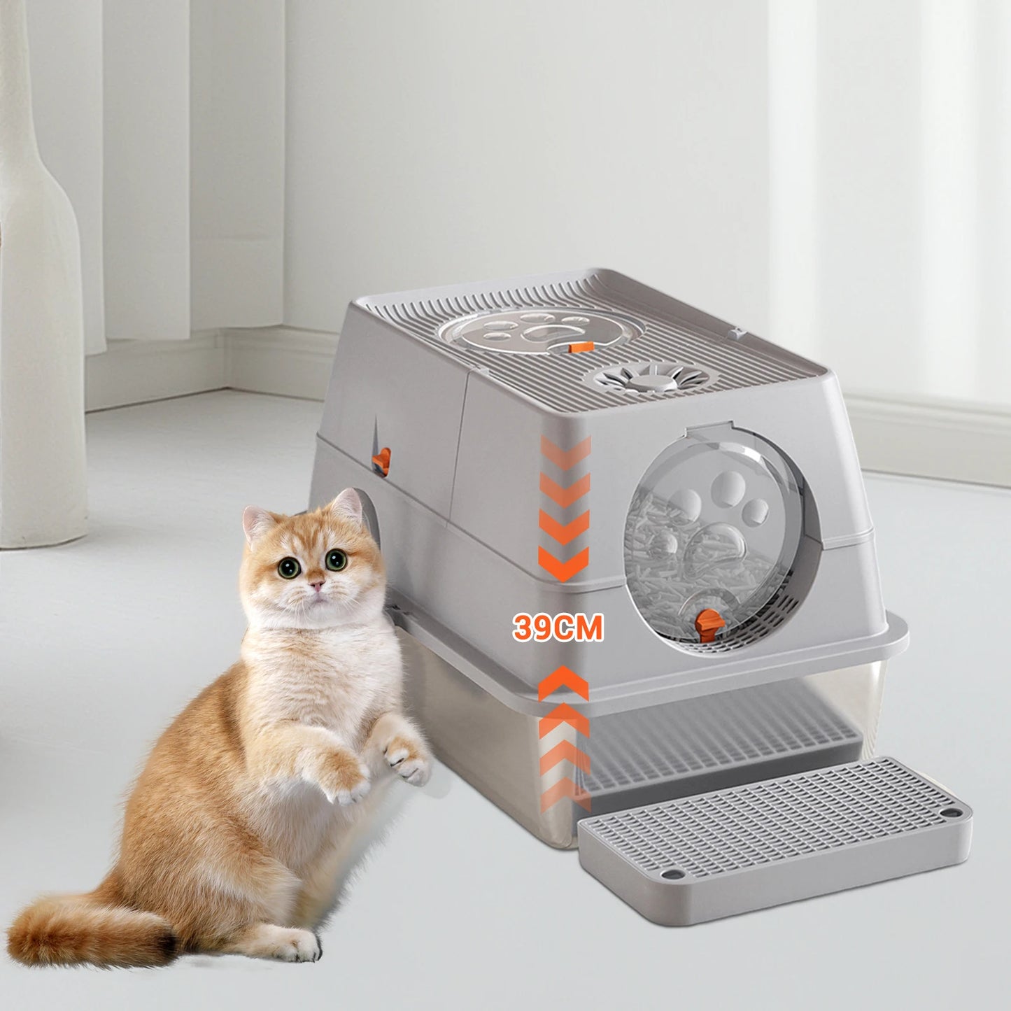 Feature Stainless Steel Cat Litter Box With High Sided Enclosure And Lid Front And Top Door