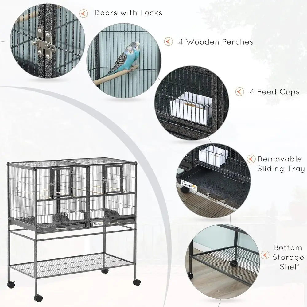 Divided Breeder Bird Cage With Rolling Stand And Removable Metal Tray