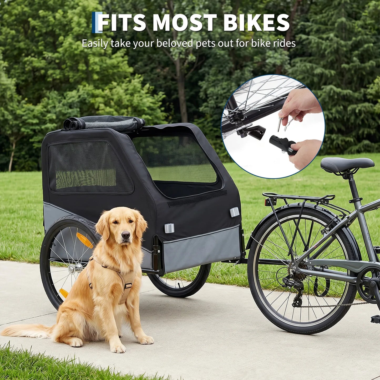 Foldable Dog Bike Trailer Steel Frame 100 Lb Capacity