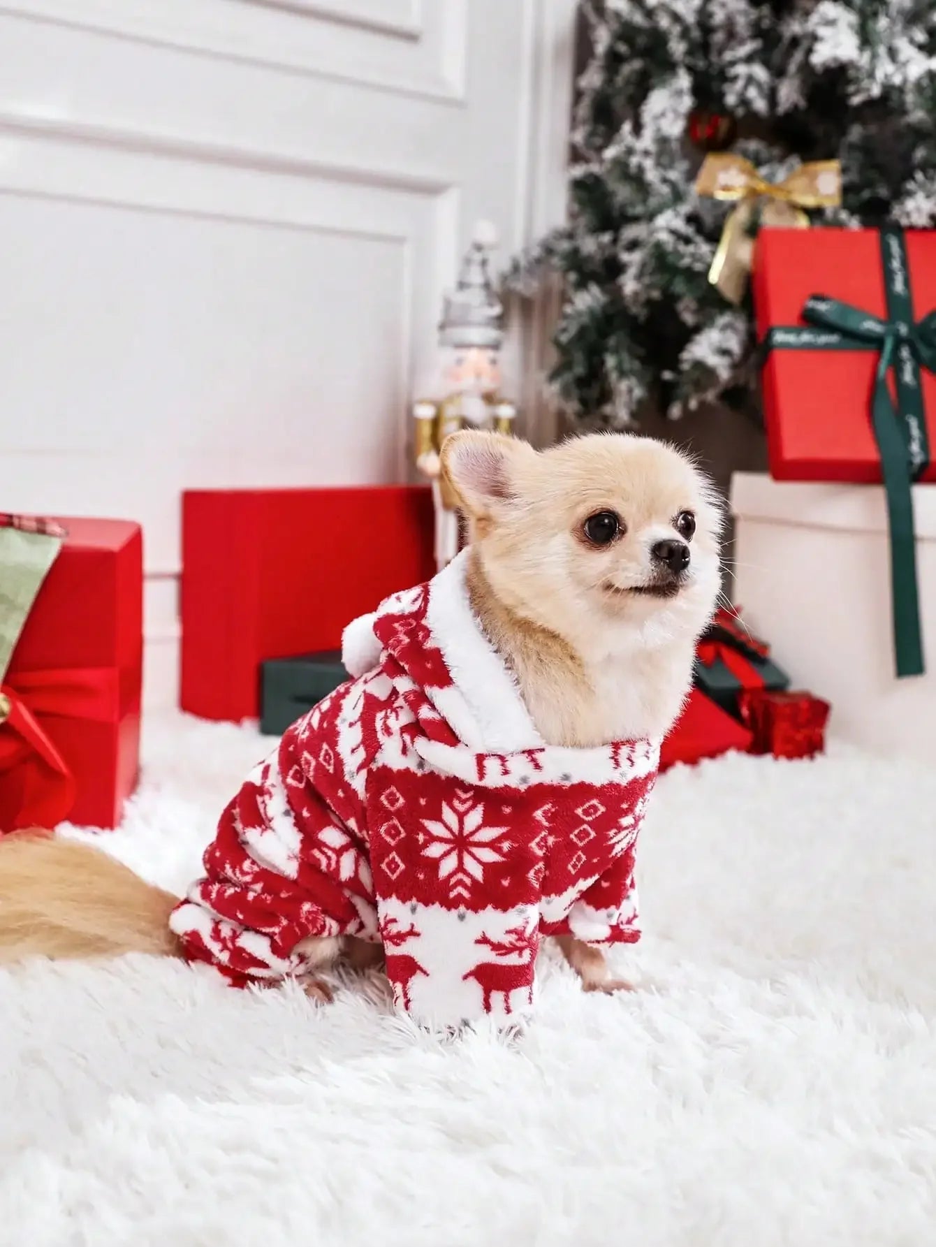 NONECN Reindeer Graphic Pajamas Hooded Jumpsuit For Puppy Dogs