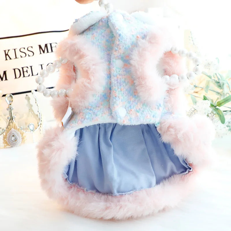Autumn Winter Fleece Dog Cat Dress With Plush Lace Coat
