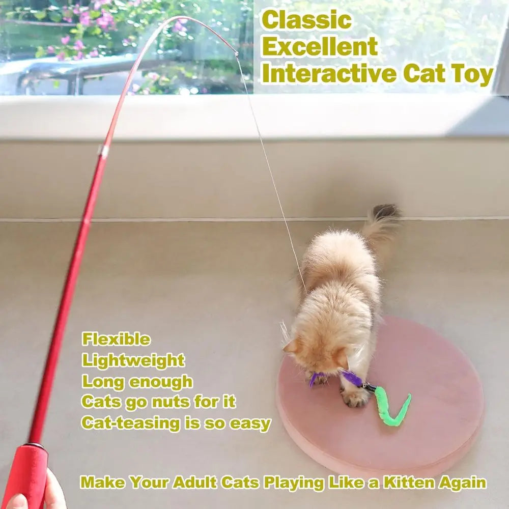 Indoor Cat Toy Set With Interactive Retractable Wand And 9 Piece Feather Toys