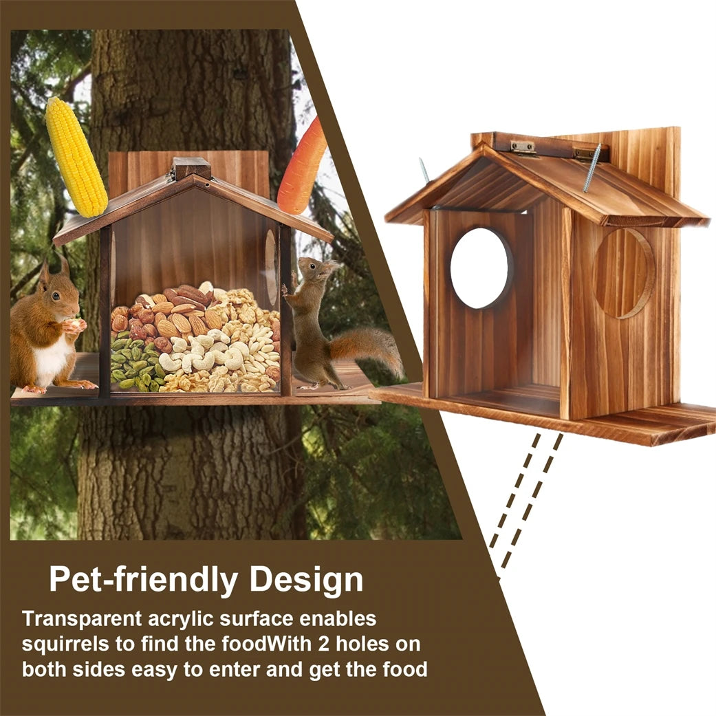 Bingopaw Wood Squirrel Feeder With Transparent Acrylic Front And Dual Side Openings For Easy Access