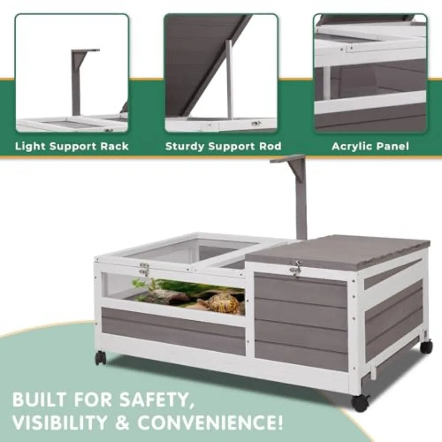 Tortoise Habitat Tank Indoor Outdoor Wooden Two-Room Enclosure With Wheels