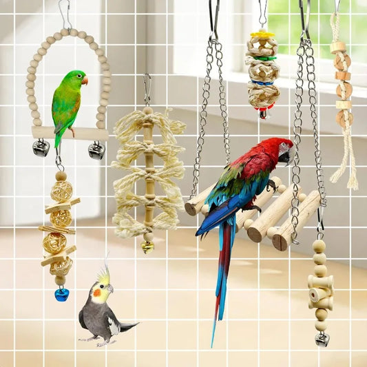 Bird Parrot Wooden Swing Chew Bell Cage Toy Perch Play