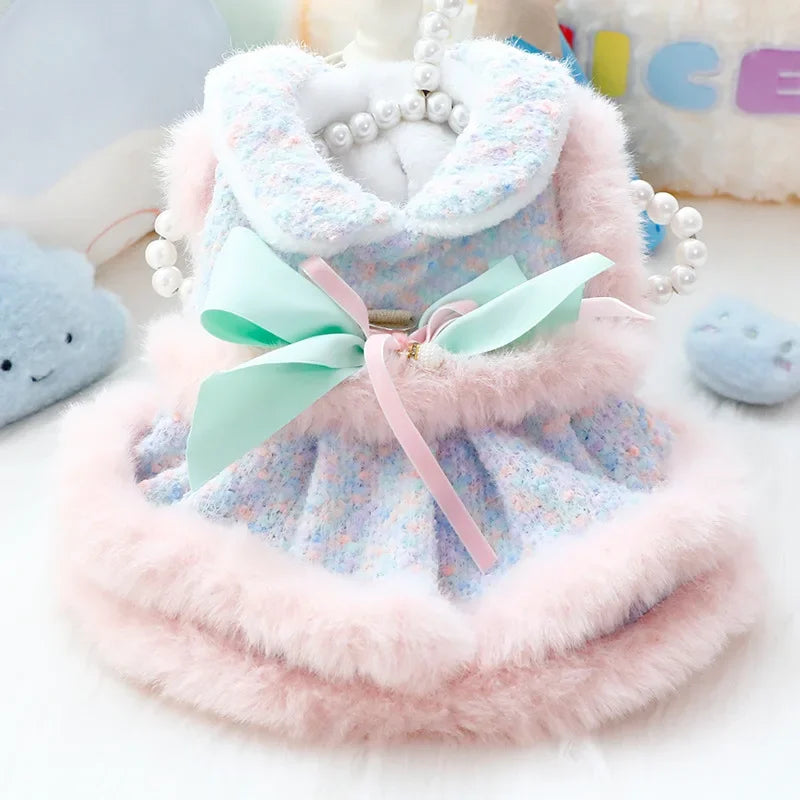 Autumn Winter Fleece Dog Cat Dress With Plush Lace Coat