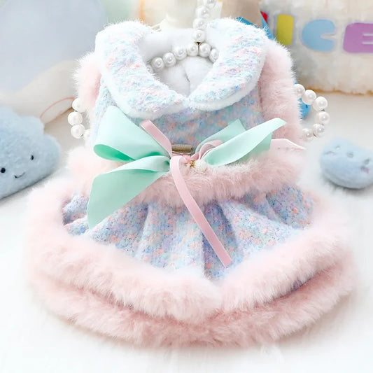 Autumn Winter Fleece Dog Cat Dress With Plush Lace Coat