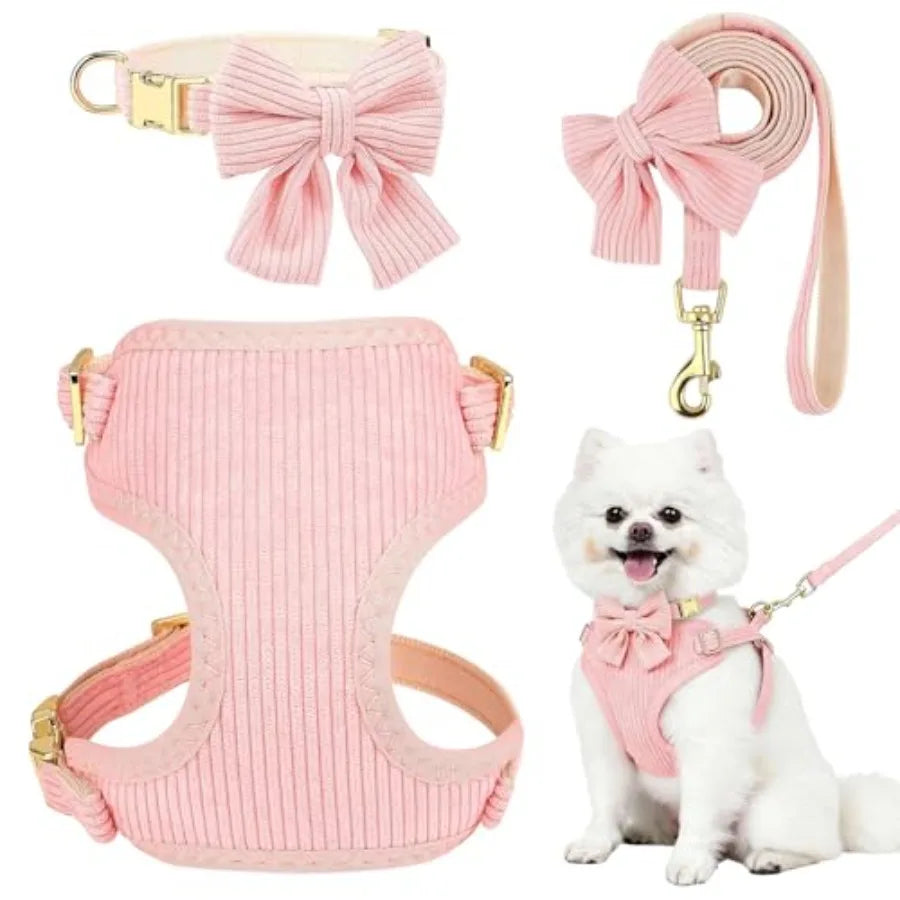 Dog Collar Harness And Leash Set No-Pull Breathable Cotton Bowtie