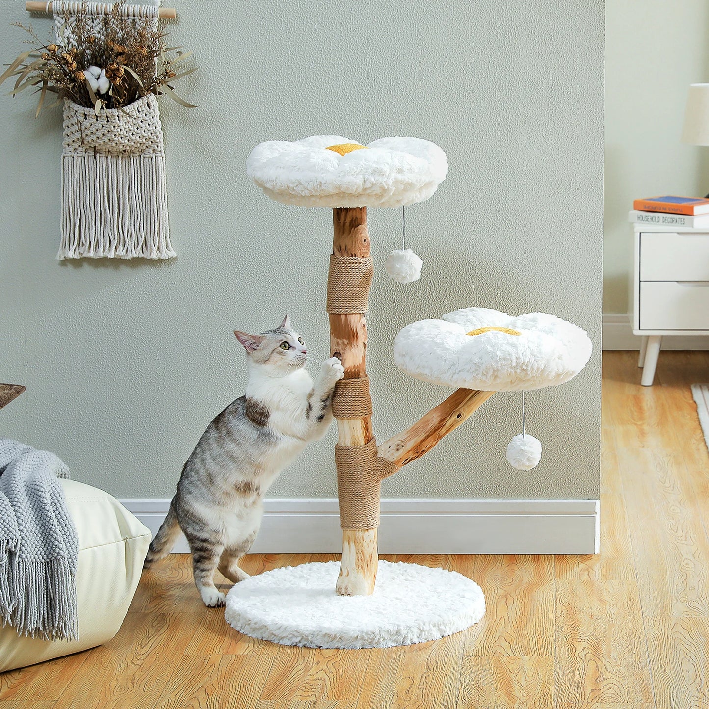 PAWZ Road Modern Cat Tree Tower With Natural Solid Wood Scratching Posts And Basket