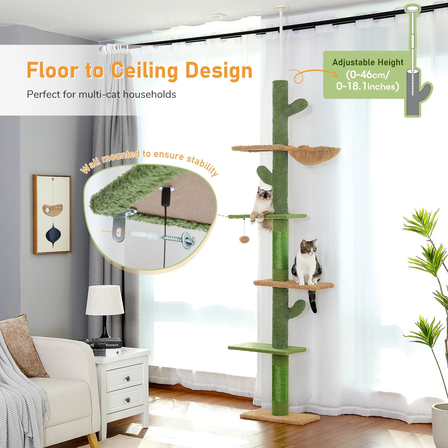 PAWZ Road Cat Tree 5 Tier Floor To Ceiling Hammocks