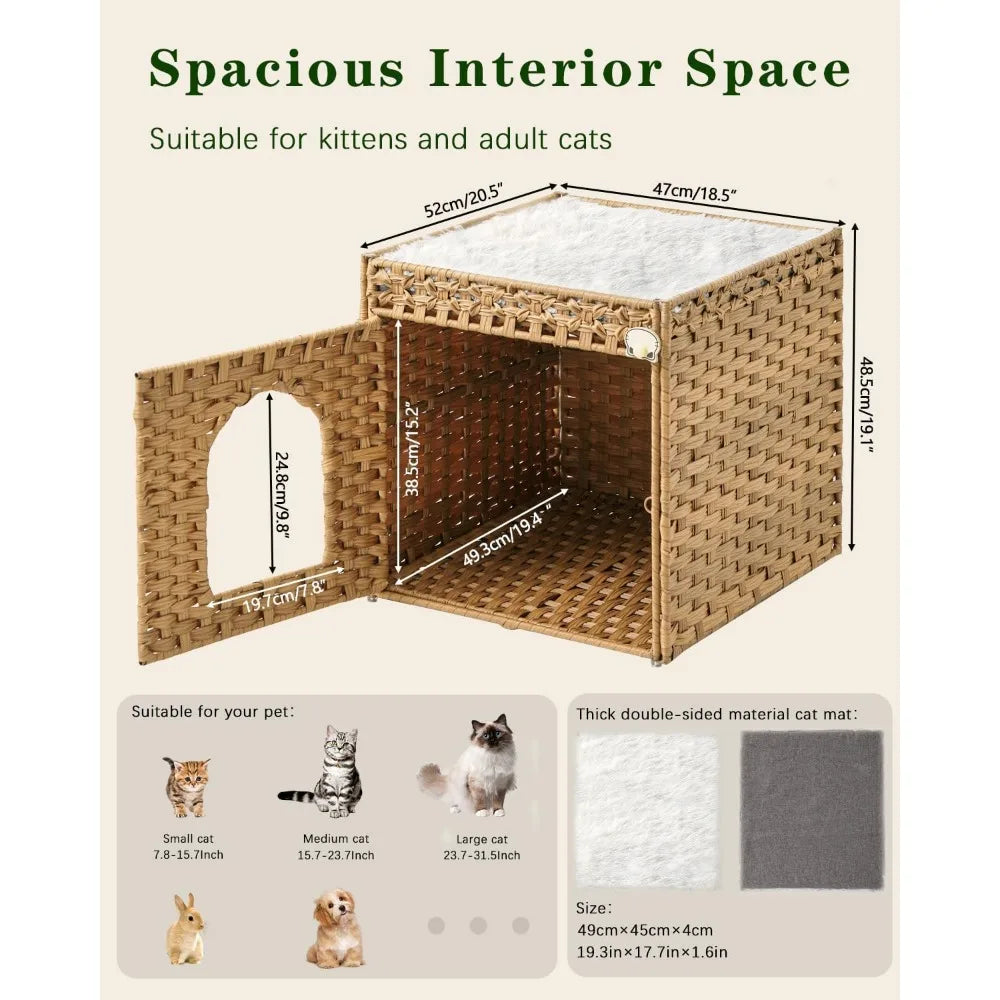 Handwoven Rattan Double Cat Cave Bed with Soft Cushions