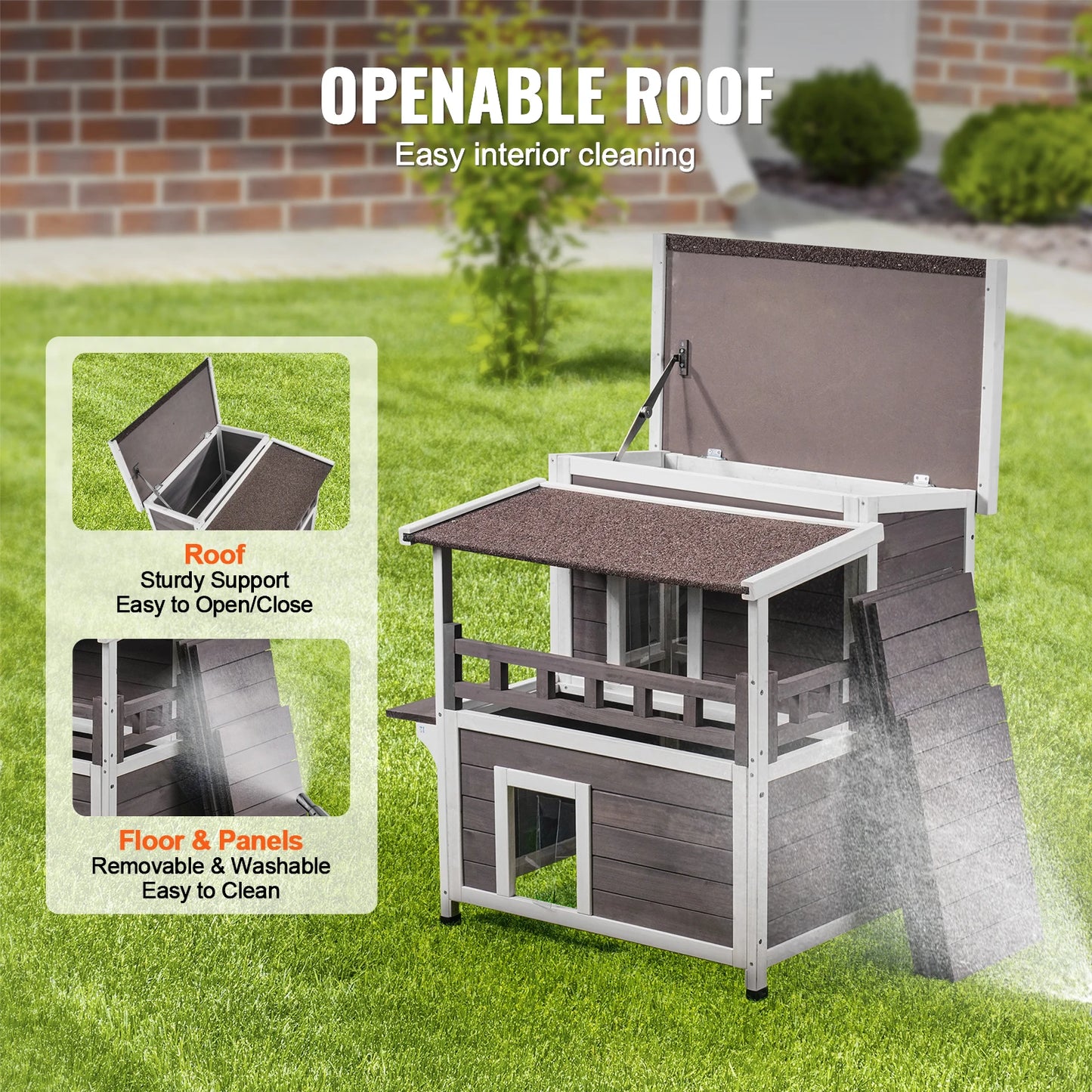 Outdoor Cedar Cat House Weatherproof Shelter With Balcony Roof